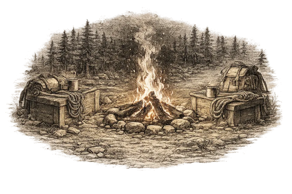 A campfire in the wilderness