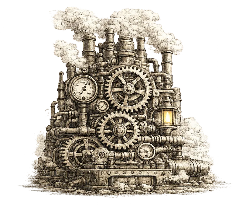 An intricate machine of interlocking cogs