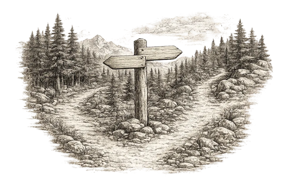 A path through mountain wilderness at a crossroads