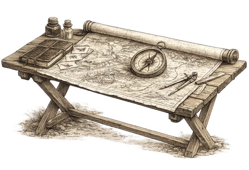 A chart table with maps, compass and dividers